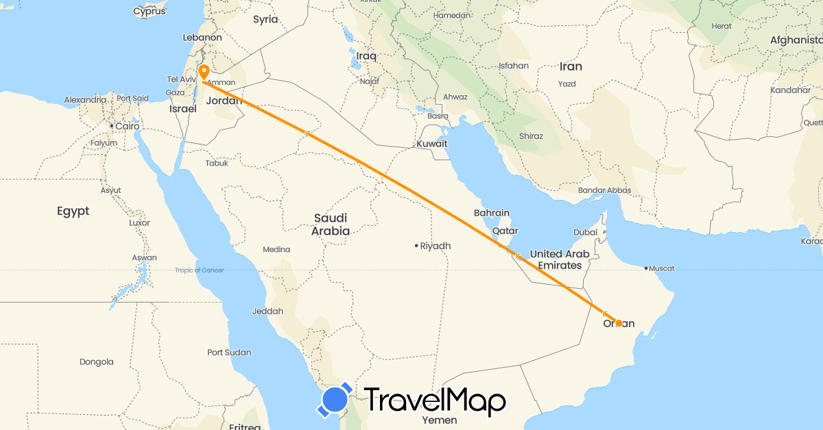 TravelMap itinerary: driving, hitchhiking in Jordan, Oman (Asia)
