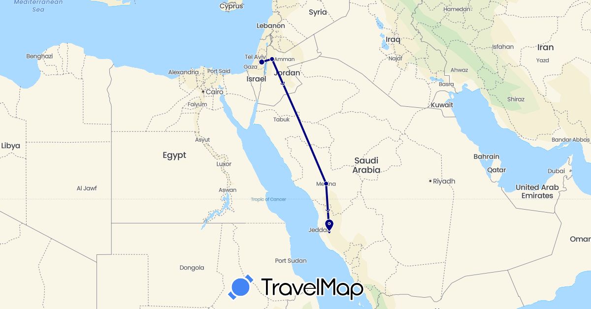 TravelMap itinerary: driving in Israel, Jordan, Saudi Arabia (Asia)