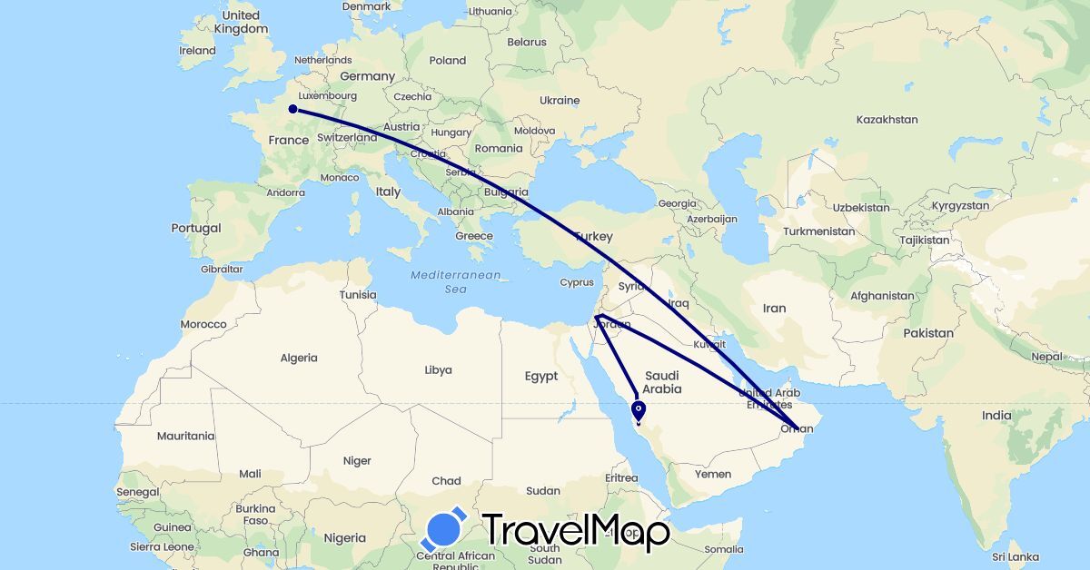 TravelMap itinerary: driving in France, Israel, Jordan, Oman, Saudi Arabia (Asia, Europe)